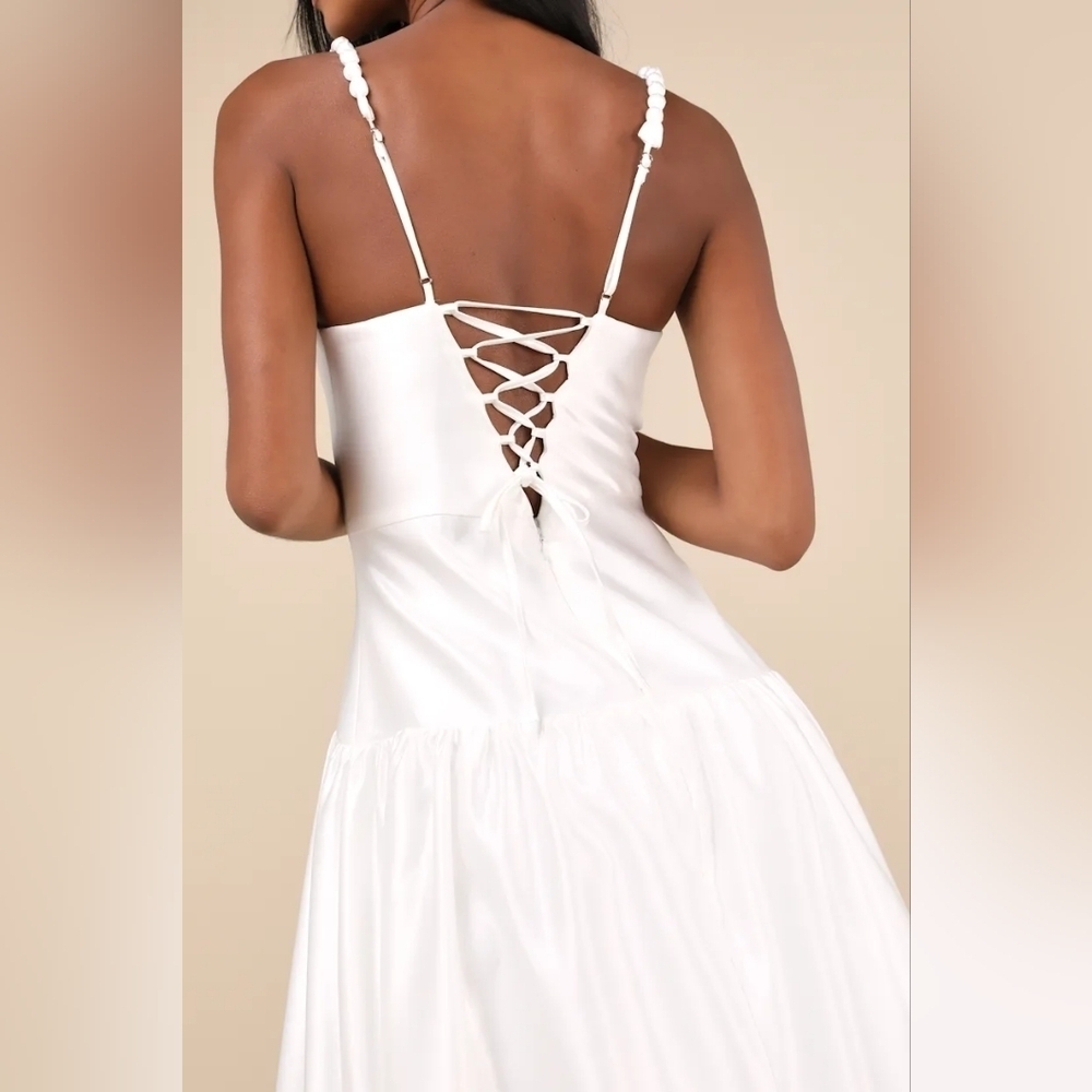 Lulus Modern Adoration White Satin Backless Lace-Up Maxi Dress Wedding Party - Picture 4 of 10